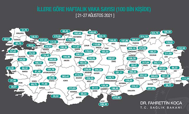 İllere Göre Haftalık Vaka Sayısı Haritası Güncellendi 17 050920211926428807490