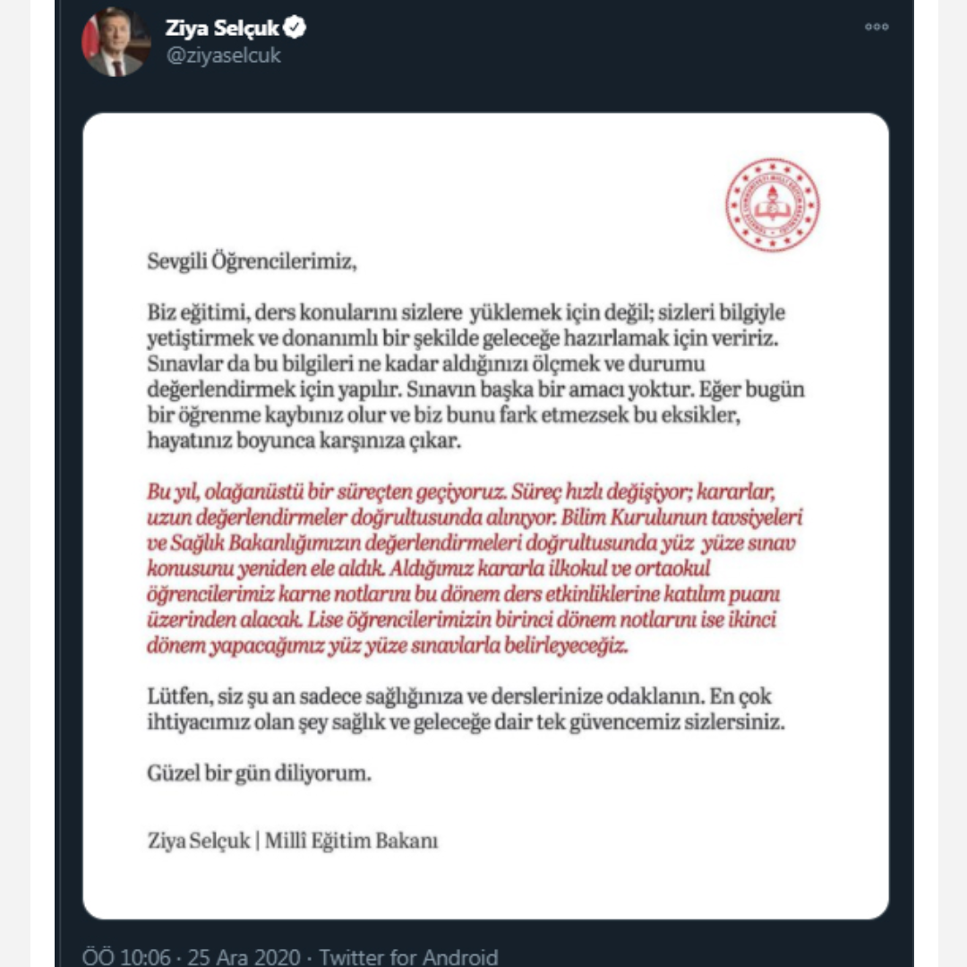 Bakan Selçuk'tan Yüz Yüze Sınav Açıklaması 1 20201225 122824