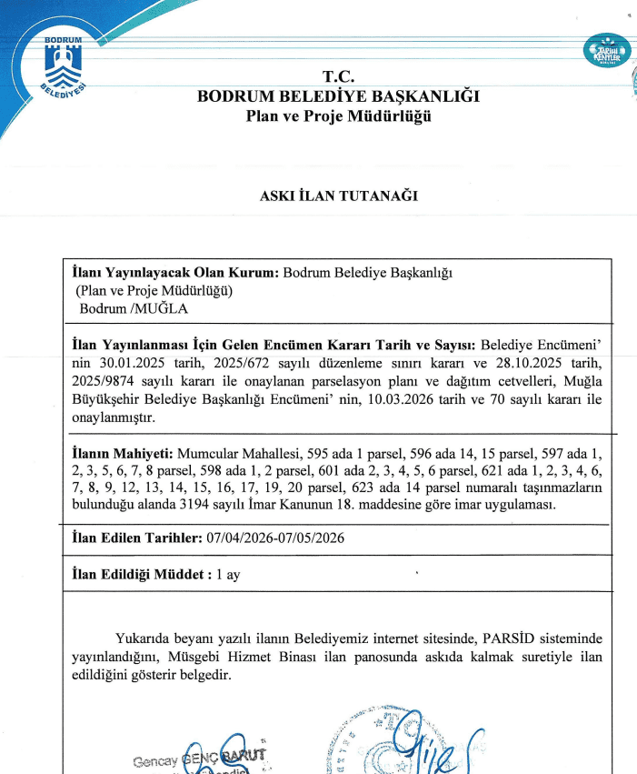 Mumcular'da 2024/7 numaralı parselasyon planını askıya çıkardı. 2 9856585898