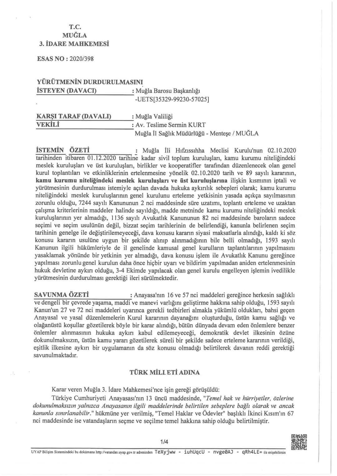 Muğla 3. İdare Mahkemesine Yürütmeyi Durdurma Kararı 1 FB IMG 1602688641459